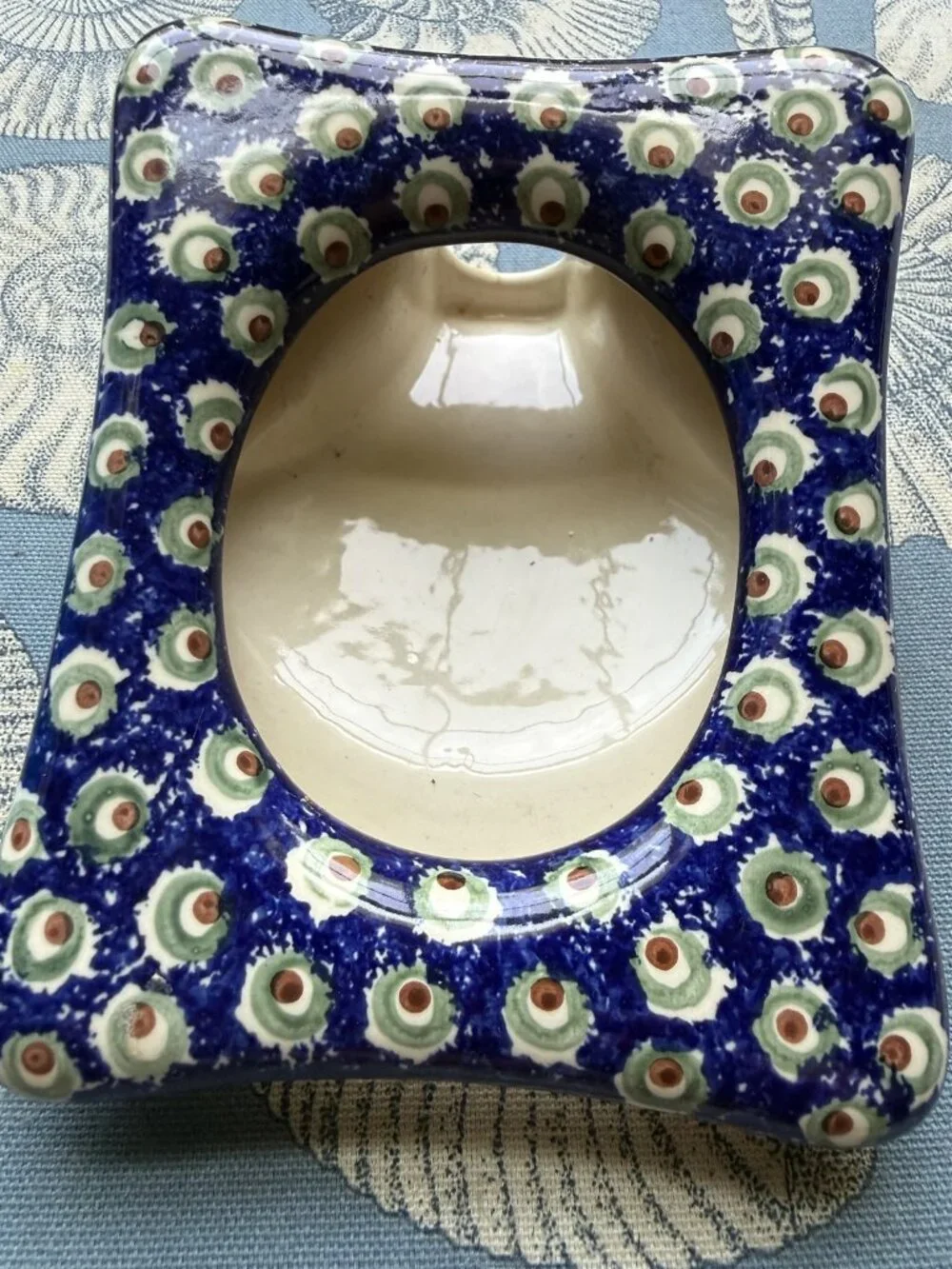 Polish Pottery Stoneware Frame Blue Peacock Circles Freestanding